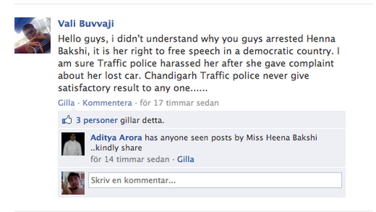 Kommentar till stöd för Heena på polisens Facebook-sida